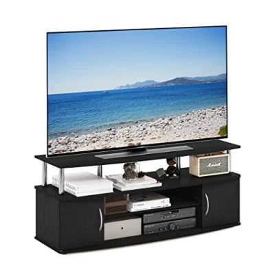 Image of Furinno JAYA Large Entertainment Center Hold up to 55 IN TV, Americano, Stainless Steel Tubes