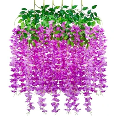 Image of SMALUCK Artificial Fake Wisteria Vine Hanging Garland Silk Flowers String Home Party Wedding Decor, Purple Red