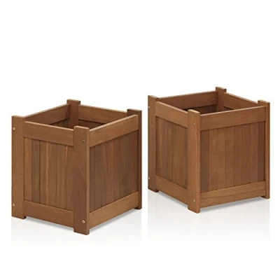 Image of Furinno Tioman Hardwood Outdoor Flower Box, Planter Stand in Teak Oil, Natural, 2 Pack