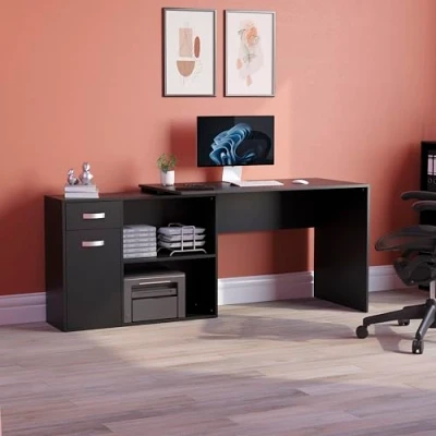 Image of Vida Designs Longton Adjustable, L Shaped Computer Desk with Shelves, Drawer and Door, Home Office PC/Laptop Table, Gaming Study Workstation, Furniture, Black