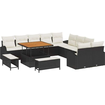 Image of vidaXL 13 Piece Garden Sofa Set with Cushions Black Poly Rattan Acacia