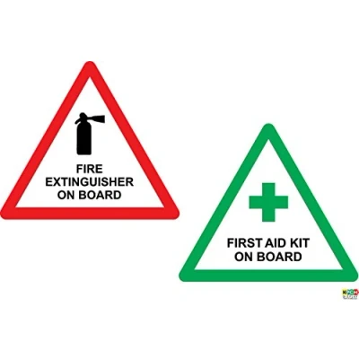 Image of First Aid &amp; Fire Extinguisher on Board Set 2X Vinyl Sticker Label Taxi Van Bus