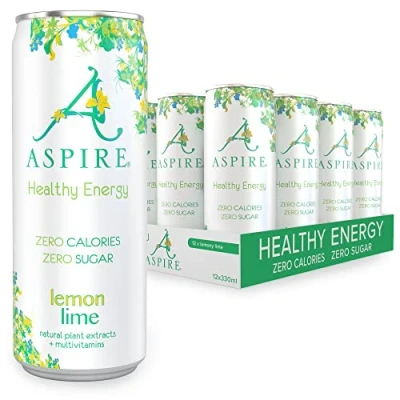 Image of ASPIRE Healthy Energy Drink 12 x 330ml Cans Zero Calories &amp; Sugar Natural Plant Based Caffeine Multivitamins Vegan Gluten Free (Lemon/Lime)