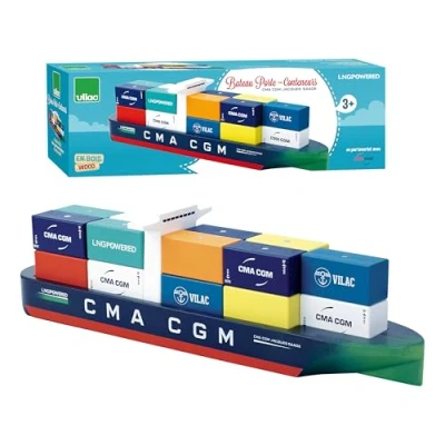 Image of Vilac Jacques Saadé Container Ship, Wooden Play Vehicle, Cargo Kids Cruise Toy Boat, 18 Pieces