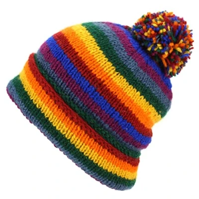 Image of LOUDelephant Chunky Wool Knit Beanie Bobble Hat Stripe Rainbow