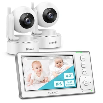 Image of Blemil Upgrade Baby Monitor with 29 Hour Battery, 4.3&#039;&#039; IPS Split screen Video Two Cameras and Audio, Remote Pan/Tilt/Zoom, Way Talk, Room Temperature, No WiFi, 2X Zoom