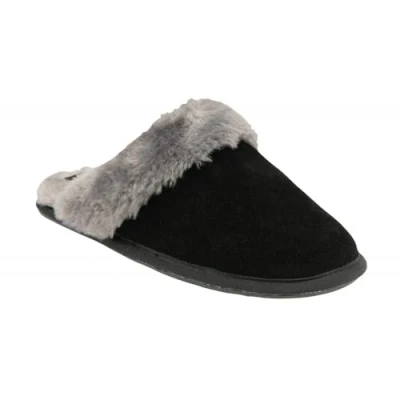 Image of Lotus Ladies Eldora Black Faux Fur Suede Slip On Mule Slippers (Black, UK Footwear Size System, Adult, Women, Numeric, Medium, 6)