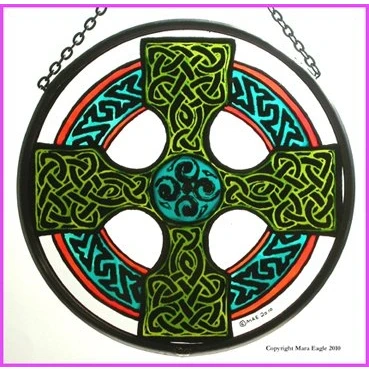 Image of Decorative Hand Painted Stained Glass Window Sun Catcher/Roundel in a Celtic Cross Design.