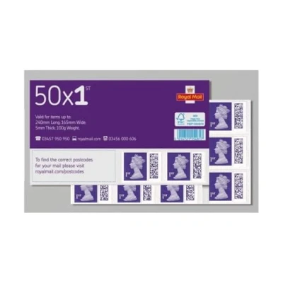 Image of Royal Mail 50 x 1st Class BARCODED Standard Self Adhesive Postage Stamps