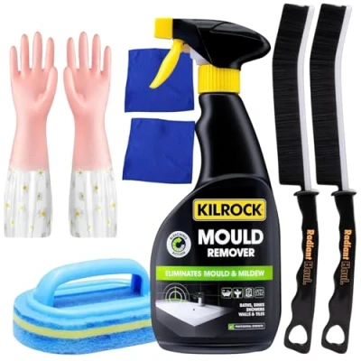 Image of Mould and Mildew Remover Spray Cleaning Set Bundle With Radiant Haul Grout Brush, Bathroom Scrubber Sponge Handle, Cloths, Disposable Gloves,Kilrock Spray,