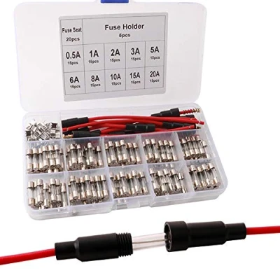 Image of QitinDasen 150Pcs Professional 5 X 20mm Car Glass Tube Fuses, Fast Blow Fuses Set, Quick Fuse with 20Pcs Seat and 5Pcs Inline Screw Type Holder