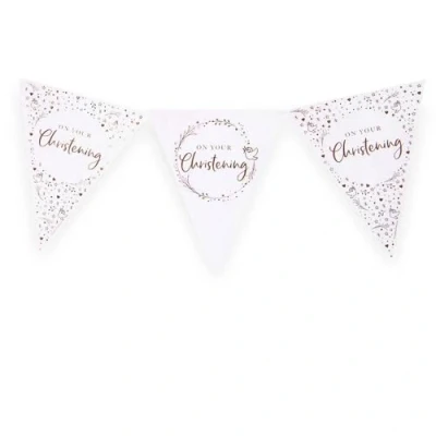 Image of Anniversary House On Your Christening Paper Flag Bunting Foil Stamped Shiny Design Pink Rose Gold Party Decorations 11 Flags Banner Decoration for Girls J094