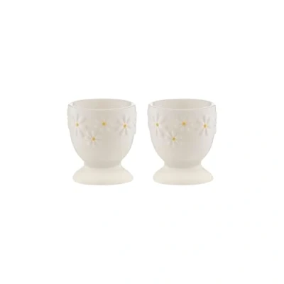 Image of Price &amp; Kensington Daisy Set of 2 Egg Cups Ceramic Holders with Embossed Design Hand Painted Yellow Centre Dishwasher Microwave Safe