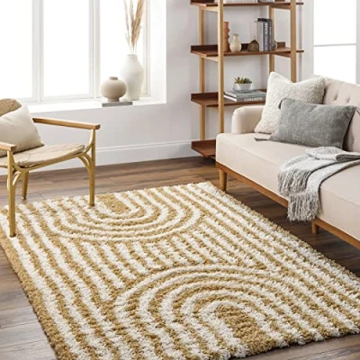 Image of Surya Kalba Modern Area Rugs Living Room, Soft Shaggy for Bedroom Abstract Berber Fluffy Rug, Easy Care Plush Thick Pile Large Rug 160x220cm Mustard