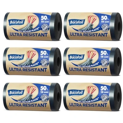 Image of Bacofoil Ultra Resistant Bin Liners with Drawstring Handles 50L Leak Proof and Tear Bag Protection Technology (6 Rolls, 60 Bags)