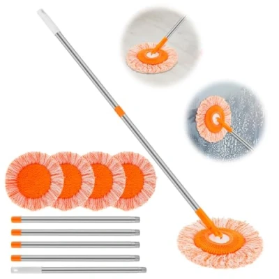 Image of Round Wall Cleaning Mop 360 Rotatable Adjustable with 5 Heads Replacement Microfiber Dry and Wet Dust Cleaner Portable Tool Long Handle for Ceiling Window