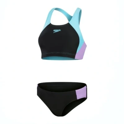 Image of Speedo Womens Colourblock Splice 2 Piece Swimming Costume Black Sweet Purple Picton Blue Size UK 36