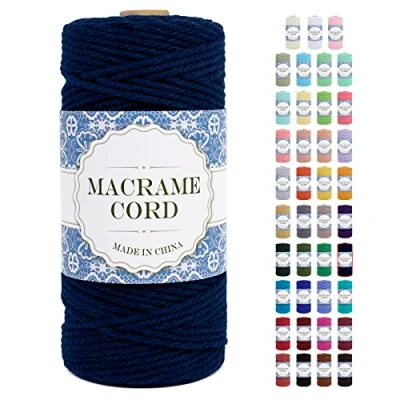 Image of Uiopa Macrame Cord 3mm x 100m Natural Cotton Rope Thick Yarn, 4 Strand Twisted String for Plant Hanger, Wall Hanging, Gift Wrapping, DIY Crafts, Knitting (Dark Blue)