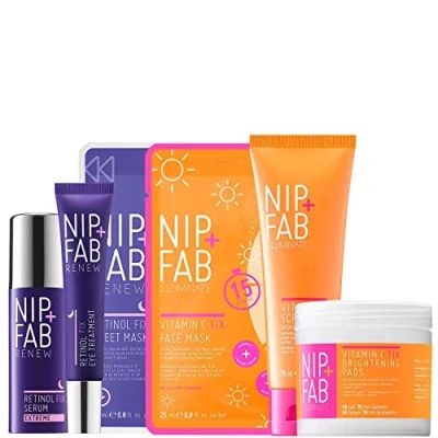Image of Nip + Fab Renew and Brighten Fix Regime Bundle Smoother Radiant Face Skin Retinol Eye Cream, Sheet Mask, Serum Vitamin C Concentrate, Scrub, Pads