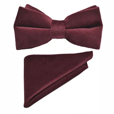 Image of Burgundy Velvet Bow Tie &amp; Pocket Square Set