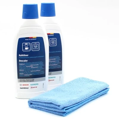 Image of Care set 2x descaler limescale remover + microfiber cloth compatible with Bosch, Siemens 00311968, 311968, 00311138, 311138 for fully automatic coffee machines, hot water devices, steamers, 1000ml