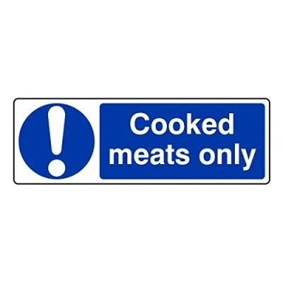 Image of 300mmx100mm Cooked Meats Only Catering Sign Sticker Self Adhesive