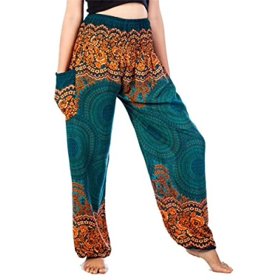 Image of Lofbaz Harem Pants for Women Hippie Boho Festival Clothing Bohemian Trousers Yoga Beach Summer Smocked Waist with Pockets Rose 1 Teal Green S