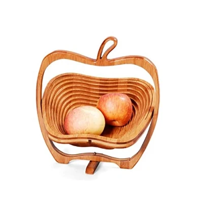 Image of electromax Foldable Apple Shaped Basket: 30 x 27 22.5 cm Folding Bamboo Fruit Bowl Holder Basket and Cutting Board Wood with an Design, Natural Brown