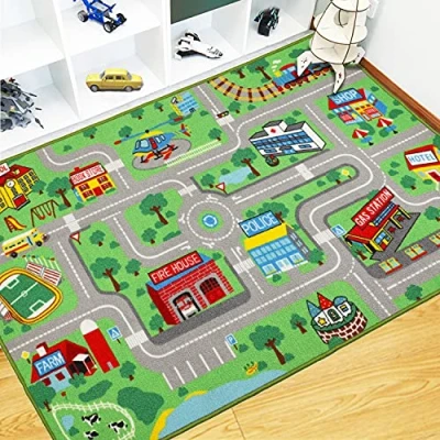 Image of Capslpad Kids Play Rug Town City Road Car Mat 160x100cm (5&#039;2&quot; x 3&#039;3&quot;) Carpet Playmat Exercise Learning Educational Area for Children Boy Girl Toddler Bedroom Playroom