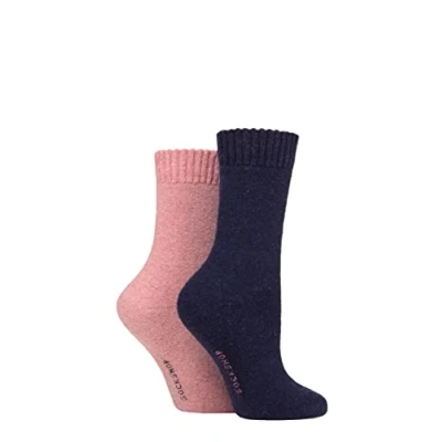 Image of SockShop Ladies 2 Pair Wool Mix Striped and Plain Boot Socks Wild Rose 4 8