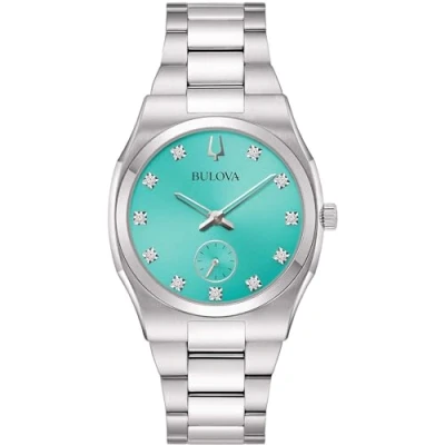 Image of Bulova Marine Star Piccoli Secondi time only women&#039;s watch, turquoise background 96P243, steel case and bracelet