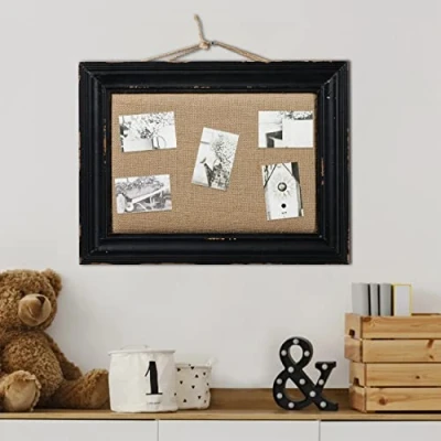 Image of Sintosin Black Cute Linen Pin Board 30 x 40 cm, Decorative Cork Boards for Walls, Wood Small Vision Board, Farmhouse Notice Home Office School