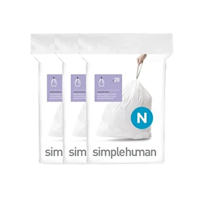 Image of simplehuman CW0262 code N Custom Fit Bin Liner Bulk Pack, White Plastic (3 Pack of 20, Total 60 Liners)