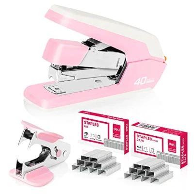 Image of Deli Effortless Standard Desktop Stapler, One Finger Touch Stapling, Suitable for Office Desk Accessories and Home Supplies, Pink