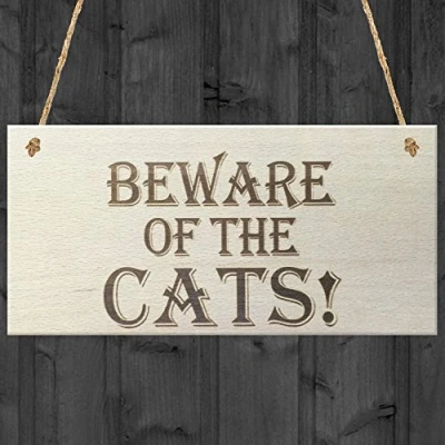 Image of Red Ocean Beware Of The Cats Wooden Hanging Shabby Chic Plaque Gift