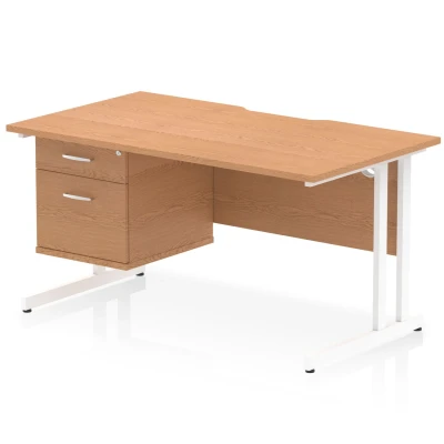 Image of Impulse 1400 x 800mm Scalloped Edge Straight Office Desk Oak Top White Cantilever Leg Workstation 1 2 Drawer Fixed Pedestal