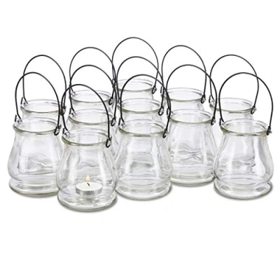 Image of Relaxdays Tea Light Candle Holder, Set of 12, Glass Lantern with Handle, Table Ornament for in &amp; Outdoors, 10 cm High, Transparent, x 9.5