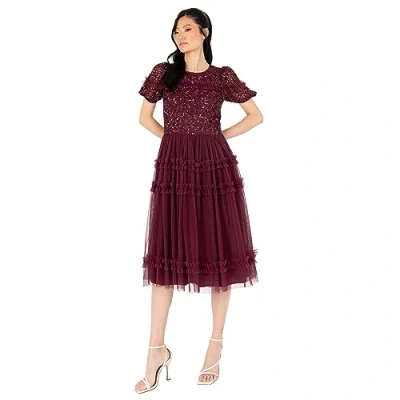 Image of Maya Deluxe Women&#039;s Midi Dress Ladies Sequin Embellished Short Sleeve Ruffle for Wedding Guest Bridesmaid Occasion Evening Ball Gown, Wine, 8