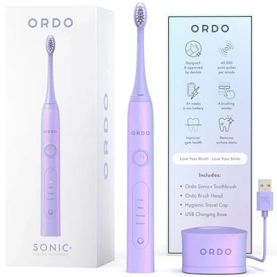 Image of Ordo Sonic+ Electric Toothbrush for Adults, Advanced Smart Tech, 4 Brushing Modes, Fast Rechargeable Sonic Toothbrush, 4+ Weeks Battery Life, Silicone Polishing Element, USB Charger, Pearl Violet