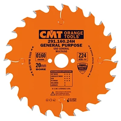 Image of CMT 291.160.24H General Purpose Saw Blade and 160mm 6 5/16 Inch by 24 Teeth 15 Degree ATB with 20mm Bore