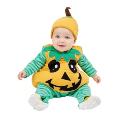 Image of Smiffys Pumpkin Baby, Orange All In One &amp; Hat, Halloween Child Fancy Dress, Dress Up Costumes