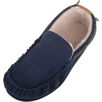 Image of SNUGRUGS Mens Easy Slip On Suede Berber Fleece Winter Moccasin Slippers with Leather Trim Navy UK 7