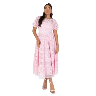 Image of Maya Deluxe Women&#039;s Midaxi Dress Ladies Floral Lace Round Neck Short Puff Sleeves up Back A line Wedding Guest Prom Occasion, Pink, 14