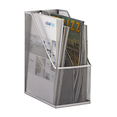 Image of Relaxdays 2 Compartment A4 C4 File Holder, Metal, Silver, 25 x 14.3 31.5 cm