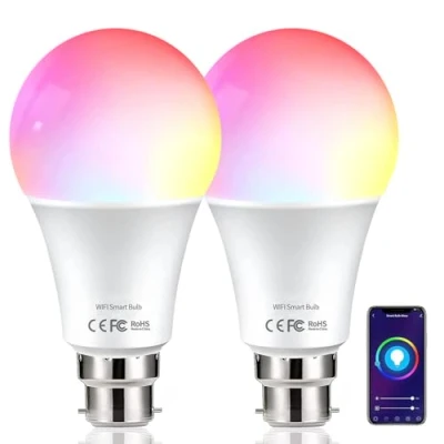 Image of HUTAKUZE Smart Bulb WiFi Light Bulbs B22 Bayonet, 9W 806LM, App or Voice Control, 80W Dimmable White and RGBCW Colour Changing Bulb, Works with Alexa