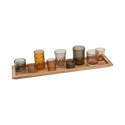 Image of Wood Tray with 9 Brown Glass Votive Holders (Set of 10 Pieces)