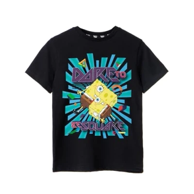 Image of SPONGEBOB SQUAREPANTS Boys T Shirt Black Dare to Be Square Graphic Tee for Kids Iconic Cartoon Lightweight Short Sleeve Top Fun Sponge Bob Merchandise Gift Children