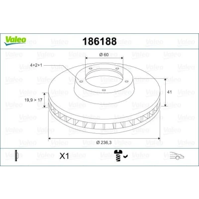 Image of 93281952 Brake disc VALEO 186188 Front Axle 236mm 19,9mm 4 Hole Vented VAUXHALL: Corsa Mk1, Astra Mk2 CC, Cavalier Mk3 Limousine