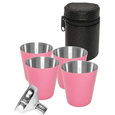 Image of Outdoor Saxx® Stainless Steel Drinking Cups Set of 4 with Leather Bag and Filling Funnel Pink