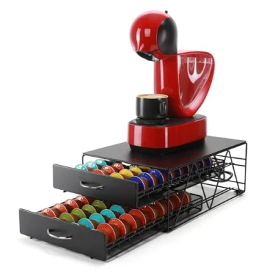 Image of SYSYLY Coffee Pod Holder,Coffee Capsule Drawer Compatible For Dolce Gusto,Vertuo Pods,Max. Capacity 80 Machine Stand Non Slip,Pods Dispenser, Double Metal Drawer.